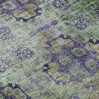 9' X 12' Purple Green And Ivory Floral Medallion Washable Area Rug With UV Protection