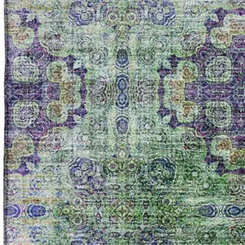 9' X 12' Purple Green And Ivory Floral Medallion Washable Area Rug With UV Protection