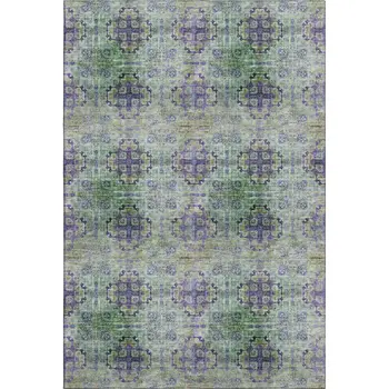 10' X 14' Purple Green And Ivory Floral Medallion Washable Area Rug With UV Protection