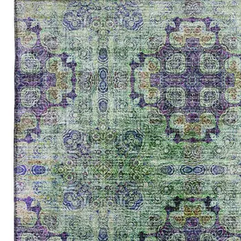 10' X 14' Purple Green And Ivory Floral Medallion Washable Area Rug With UV Protection