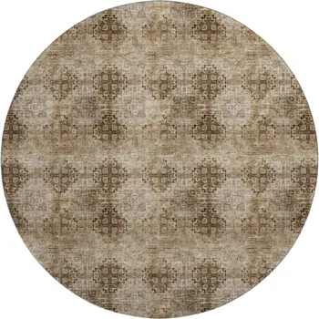 8' Taupe And Ivory Floral Medallion Washable Round Rug With UV Protection