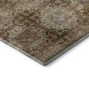 8' Taupe And Ivory Floral Medallion Washable Round Rug With UV Protection