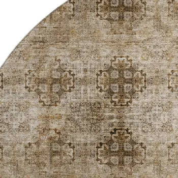 8' Taupe And Ivory Floral Medallion Washable Round Rug With UV Protection