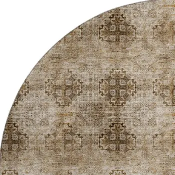 8' Taupe And Ivory Floral Medallion Washable Round Rug With UV Protection