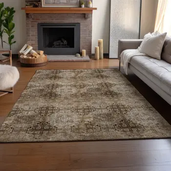 9' X 12' Taupe And Ivory Floral Medallion Washable Area Rug With UV Protection