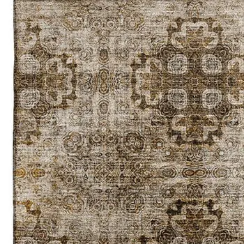9' X 12' Taupe And Ivory Floral Medallion Washable Area Rug With UV Protection