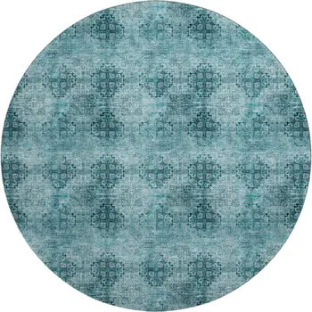 8' Teal And Ivory Floral Medallion Washable Round Rug With UV Protection