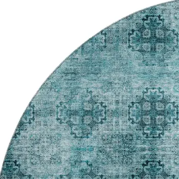 8' Teal And Ivory Floral Medallion Washable Round Rug With UV Protection