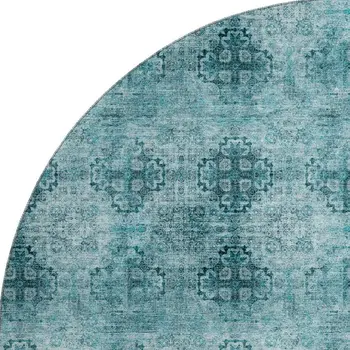 8' Teal And Ivory Floral Medallion Washable Round Rug With UV Protection