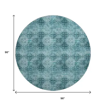 8' Teal And Ivory Floral Medallion Washable Round Rug With UV Protection