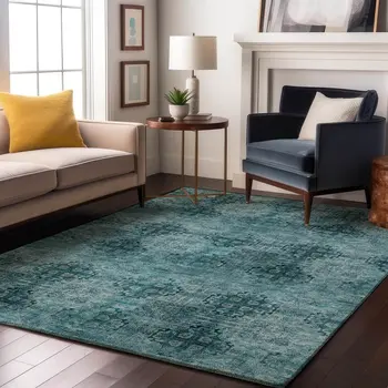 8' X 10' Teal And Ivory Floral Medallion Washable Area Rug With UV Protection
