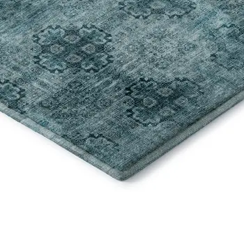 8' X 10' Teal And Ivory Floral Medallion Washable Area Rug With UV Protection