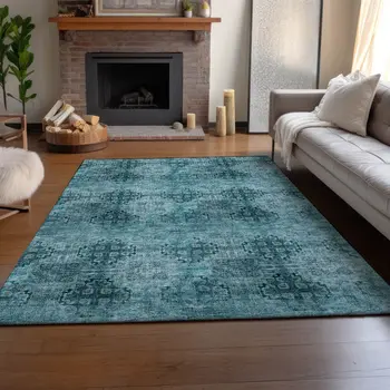 8' X 10' Teal And Ivory Floral Medallion Washable Area Rug With UV Protection