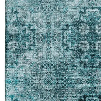 8' X 10' Teal And Ivory Floral Medallion Washable Area Rug With UV Protection