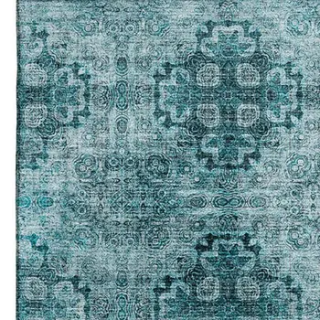 8' X 10' Teal And Ivory Floral Medallion Washable Area Rug With UV Protection