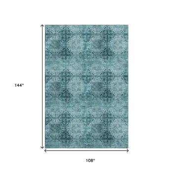 9' X 12' Teal And Ivory Floral Medallion Washable Area Rug With UV Protection