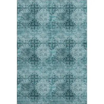 10' X 14' Teal And Ivory Floral Medallion Washable Area Rug With UV Protection