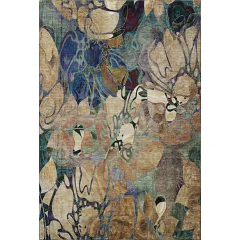 5' X 8' Beige Blue And Purple Floral Washable Area Rug With UV Protection