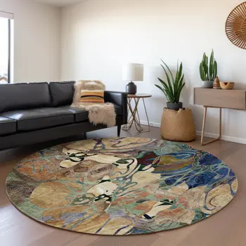 8' Beige Blue And Purple Floral Washable Round Rug With UV Protection