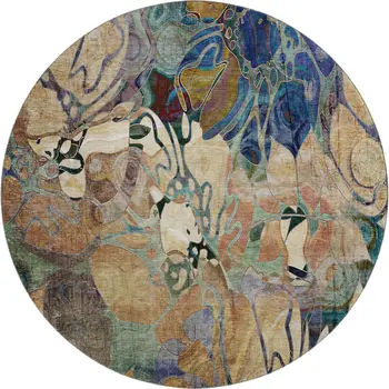 8' Beige Blue And Purple Floral Washable Round Rug With UV Protection