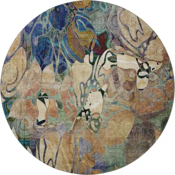 8' Beige Blue And Purple Floral Washable Round Rug With UV Protection
