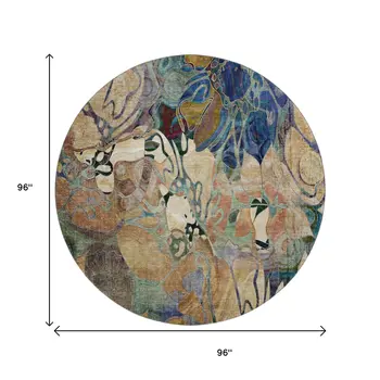 8' Beige Blue And Purple Floral Washable Round Rug With UV Protection
