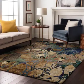 8' X 10' Beige Blue And Purple Floral Washable Area Rug With UV Protection