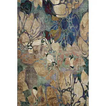 9' X 12' Beige Blue And Purple Floral Washable Area Rug With UV Protection