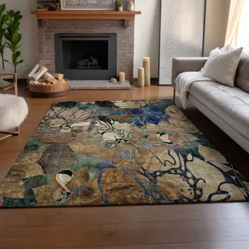 9' X 12' Beige Blue And Purple Floral Washable Area Rug With UV Protection