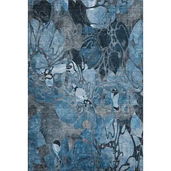 5' X 8' Blue Ivory And Gray Floral Washable Area Rug With UV Protection