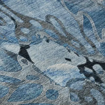 5' X 8' Blue Ivory And Gray Floral Washable Area Rug With UV Protection