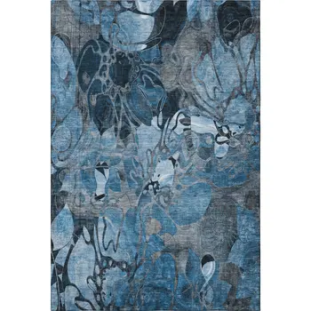 5' X 8' Blue Ivory And Gray Floral Washable Area Rug With UV Protection