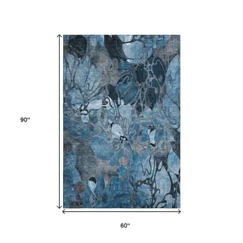 5' X 8' Blue Ivory And Gray Floral Washable Area Rug With UV Protection