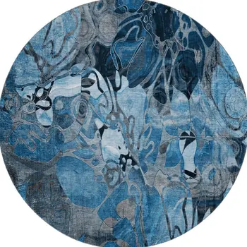 8' Blue Ivory And Gray Floral Washable Round Rug With UV Protection
