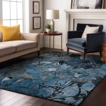 9' X 12' Blue Ivory And Gray Floral Washable Area Rug With UV Protection