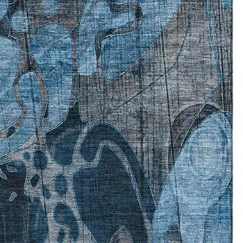 9' X 12' Blue Ivory And Gray Floral Washable Area Rug With UV Protection