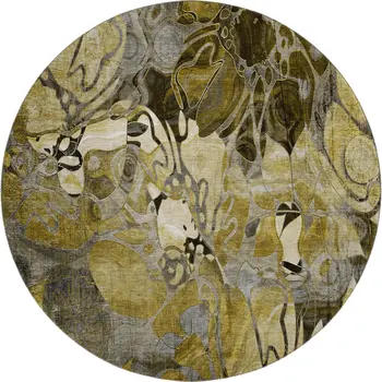 8' Brown Beige And Gold Floral Washable Round Rug With UV Protection