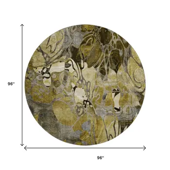 8' Brown Beige And Gold Floral Washable Round Rug With UV Protection