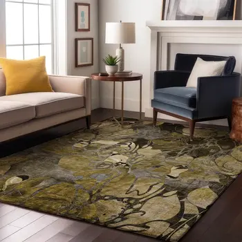 10' X 14' Brown Beige And Gold Floral Washable Area Rug With UV Protection