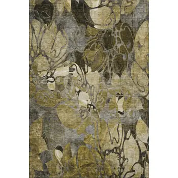 10' X 14' Brown Beige And Gold Floral Washable Area Rug With UV Protection