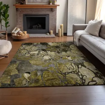 10' X 14' Brown Beige And Gold Floral Washable Area Rug With UV Protection