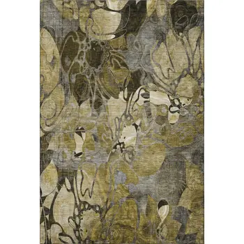 10' X 14' Brown Beige And Gold Floral Washable Area Rug With UV Protection