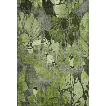 3' X 5' Fern Green And Gray Floral Washable Area Rug With UV Protection