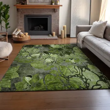 5' X 8' Fern Green And Gray Floral Washable Area Rug With UV Protection