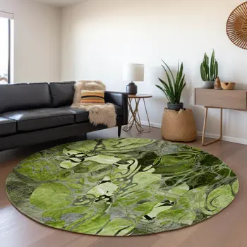 8' Fern Green And Gray Floral Washable Round Rug With UV Protection