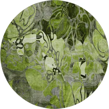 8' Fern Green And Gray Floral Washable Round Rug With UV Protection