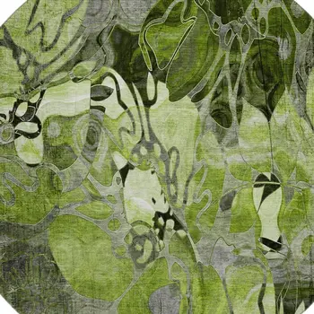 8' Fern Green And Gray Floral Washable Round Rug With UV Protection