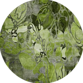 8' Fern Green And Gray Floral Washable Round Rug With UV Protection