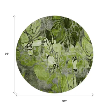 8' Fern Green And Gray Floral Washable Round Rug With UV Protection
