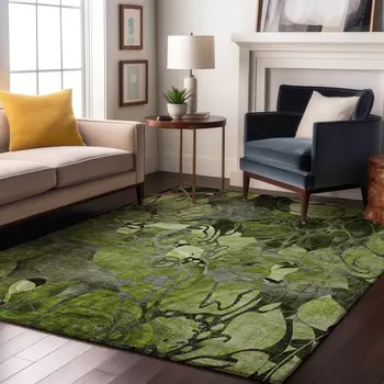 9' X 12' Fern Green And Gray Floral Washable Area Rug With UV Protection